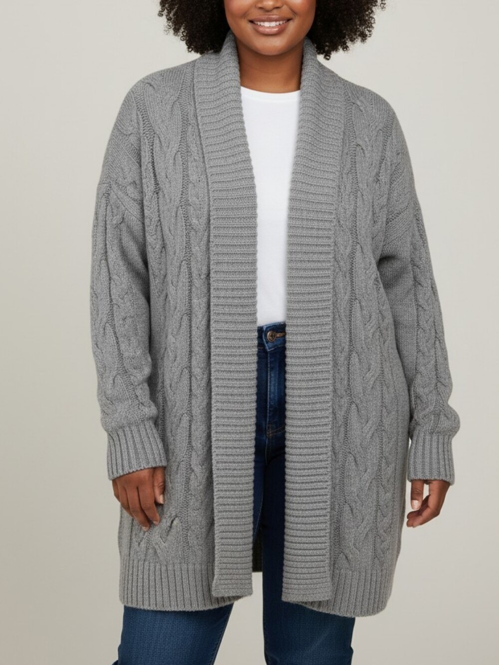 NWT ANA Gray Cable-Knit Open Front Chunky Cardigan 2X
